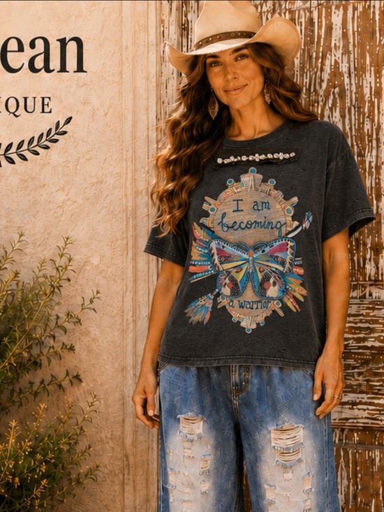 A Rare Bird Tops - 🎉 A RARE BIRD “ WARRIOR “ A RARE BIRD 3/4 SLEEVE TEE WITH RHINESTONE DETAIL
